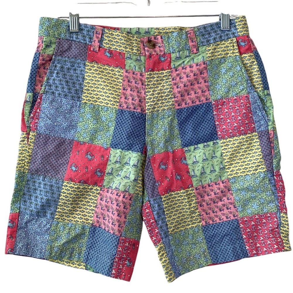 Vineyard Vines Patchwork Nautical Print Shorts Fish Whale Boats 9" inseam- Sz 30